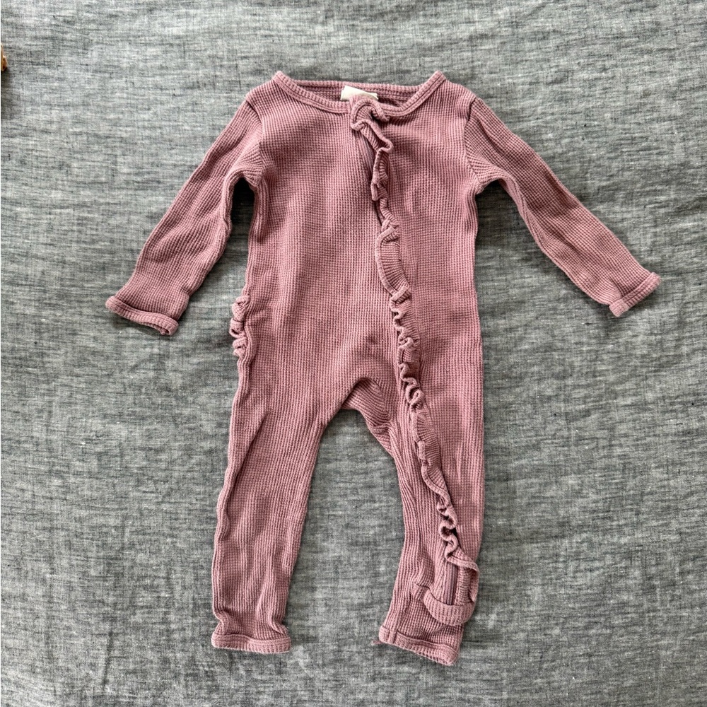 Spearmint Love ruffle zip waffle romper/footless pajamas, 12-18m